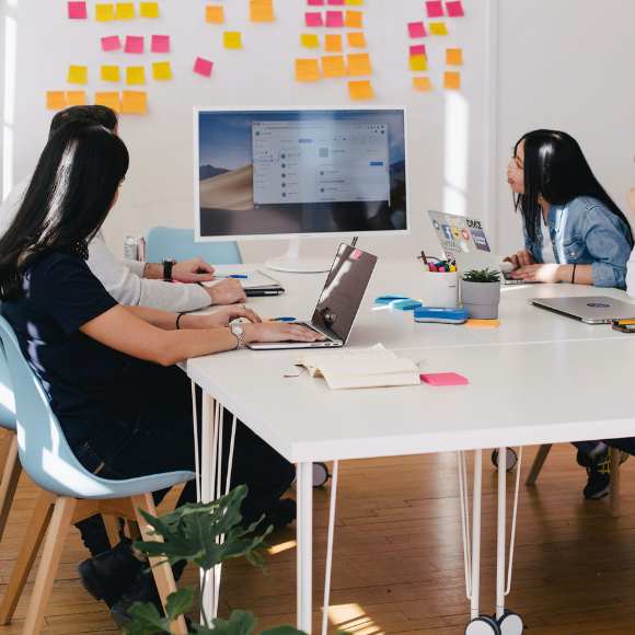 A team collaborates in an office